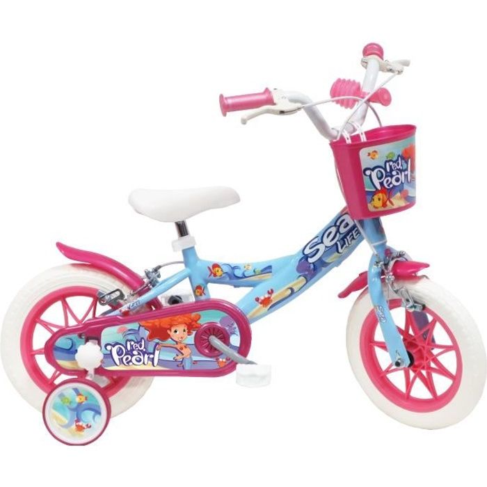 Vélo 12' Fille Sea Life équipé de 2 freins, Panier avant - Carter intégral - Garde-boues et Stabilisateurs.