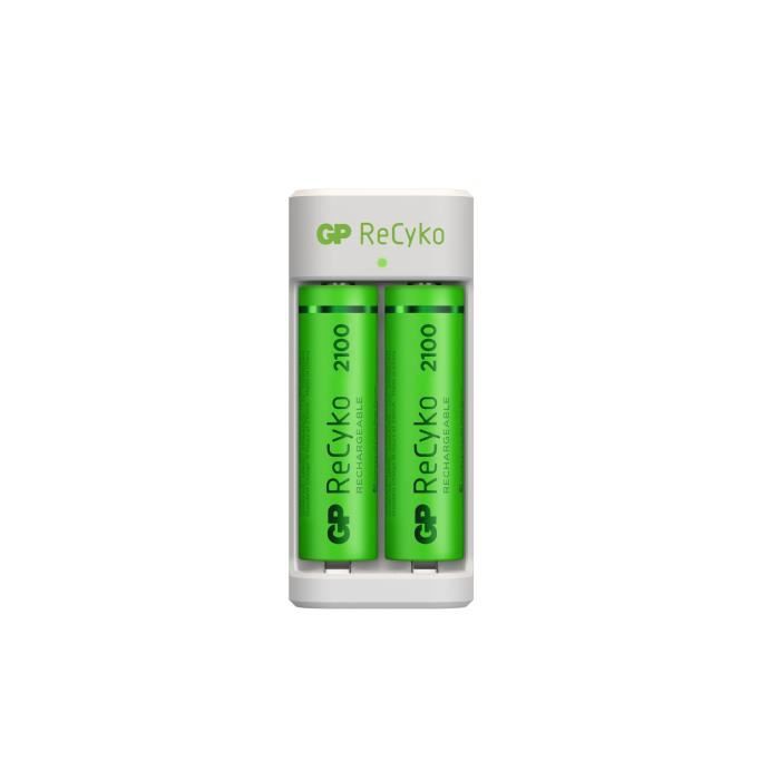 Chargeur pour Piles Rechargeables AA et AAA avec 2 Piles Rechargeables AA 2100 mAh NiMH incluses | GP RECYKO | Chargeur Rapide USB