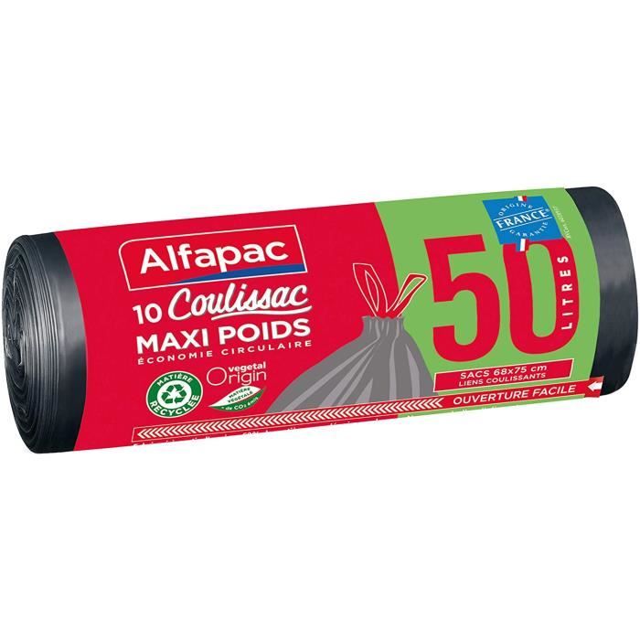 Alfapac - 10 sacs-poubelle 50L à lien coulissant ultra-résistant - tri des  emballages - fabriqués en France - bi-matière recyclée & végétale :  : Epicerie