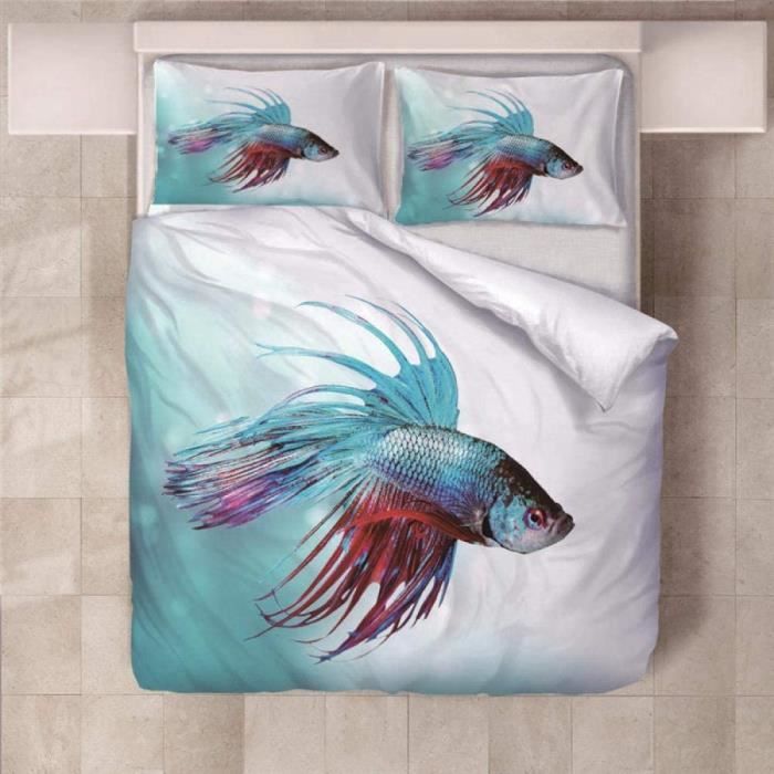 Housse de Couette Poisson Bleu Parure de lit Couette avec 2 Taies d