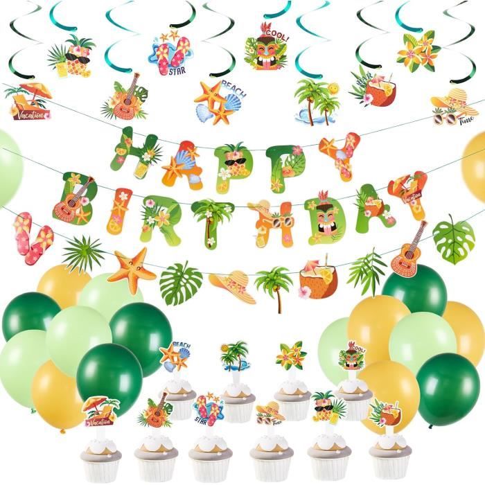 Ensemble De Décorations De Fête Hawaïenne D'été : éventails En Papier Avec Oiseaux Tropicaux Toucans Feuilles De Palmier Lanternes En Papier Pour Anniversaire Mariage Plage Piscine Decorations De Fete