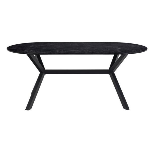 table de salle à manger ovale - emob - laxey - plateau en céramique et verre - métal thermolaqué noir mat