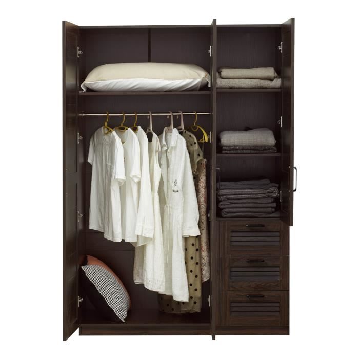 Armoire de chambre Finning 4 étagères 3 tiroirs MDF 176 x 120 x 52 cm effet noyer foncé