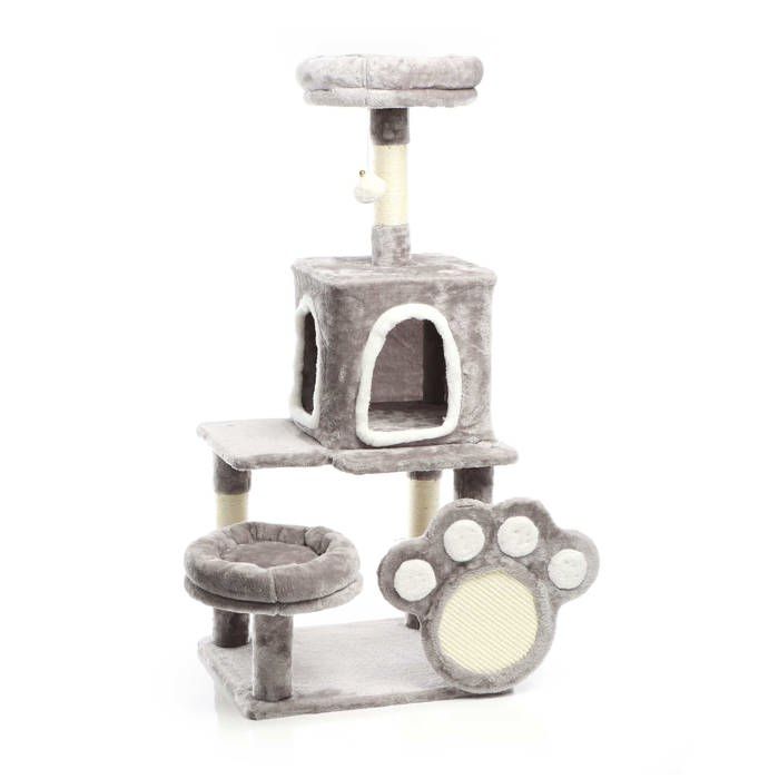 Meilleurs prix pour Fudajo Arbre à chat gris Griffoir Forme patte 111cm Sisal Niche Maisonnette Jeux Balle