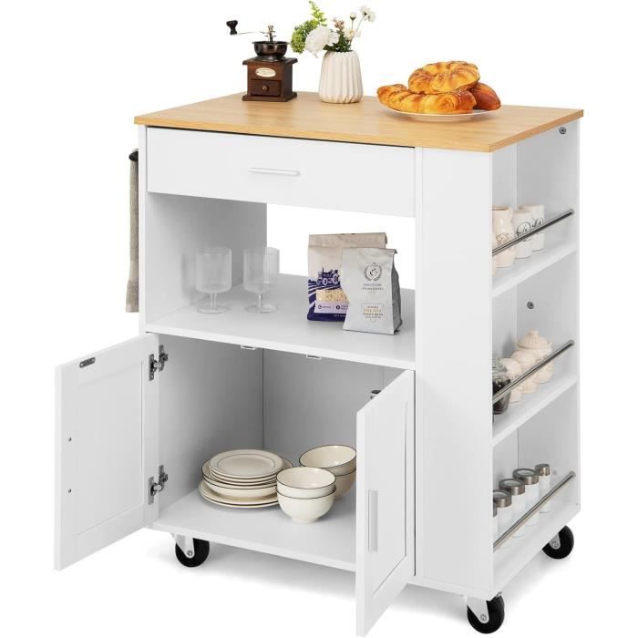 GIANTEX Desserte de Cuisine à Roulettes Îlot Chariot de Service 82x50x92cm avec Tiroir Placard à Porte et 3 Étagères Latérale Blanc