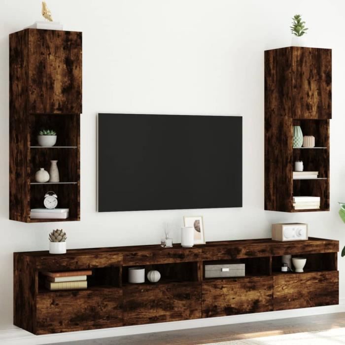 Meuble TV Avec Éclairage LED - 2 Éléments Chêne Fumé 60x35x15,5 Cm - Support Muraux Design - 8