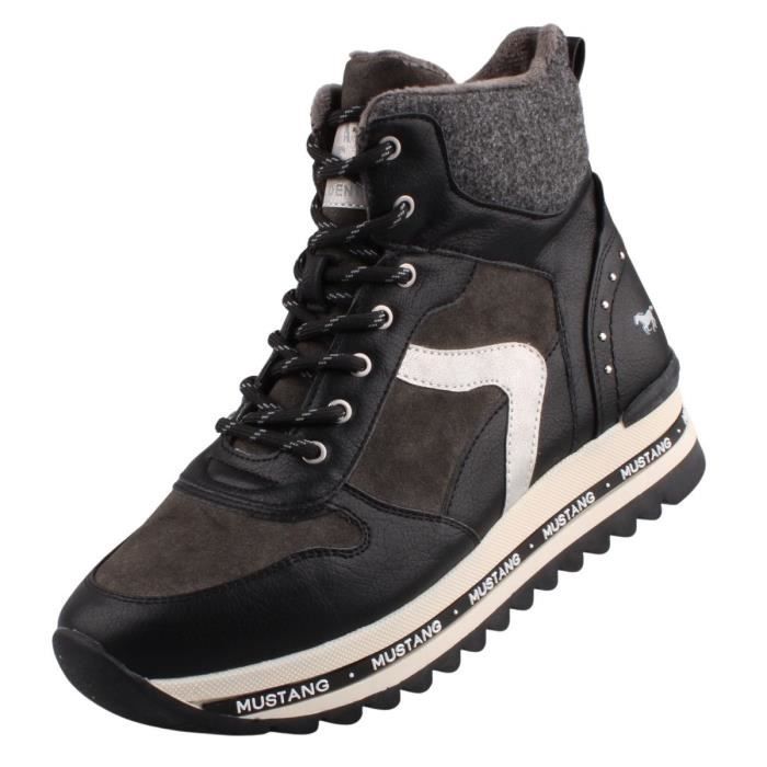 Baskets montantes Mustang Femme Noir Fermeture a glissiere Doublure en polaire Talon droit Noir Cdiscount Chaussures