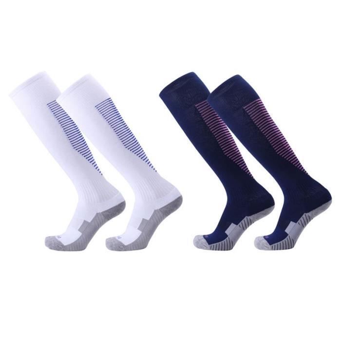 2 Paires Chaussettes de Football Enfant Chaussettes de Sport Protection Respirantes Antidérapant - Blanc/Bleu marine
