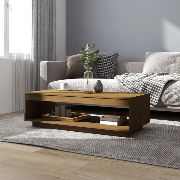 Table basse de salon en bois de pin massif - Marron miel - 110x50x33,5 cm - OVONNI
