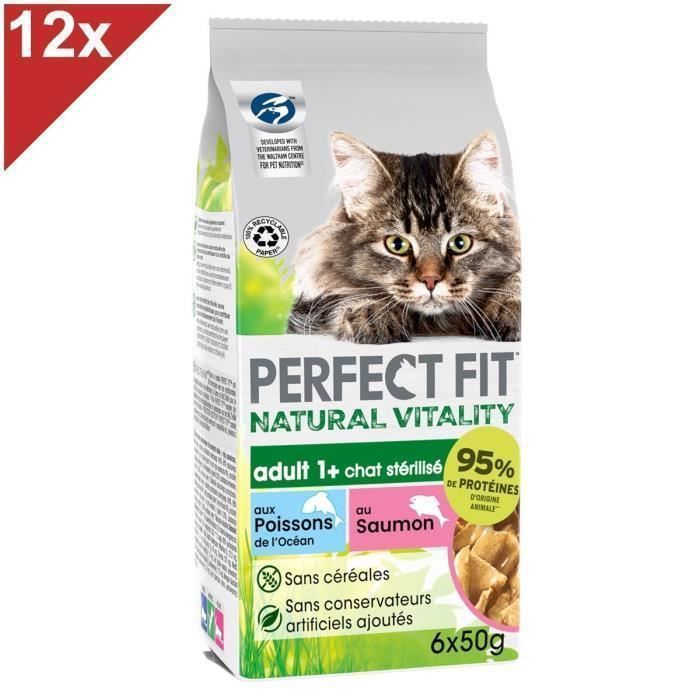 Meilleurs prix pour Croquettes pour chats adultes stérilisés - PERFECT FIT - Saumon - Ingrédients naturels - 50g (6x12)