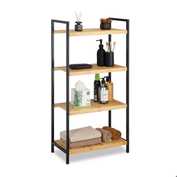 Relaxdays Étagère en Bambou Universel Sur Pieds Salle de bain Cuisine 4 Niveaux Cadre en Métal 97x50 5x27 cm nature
