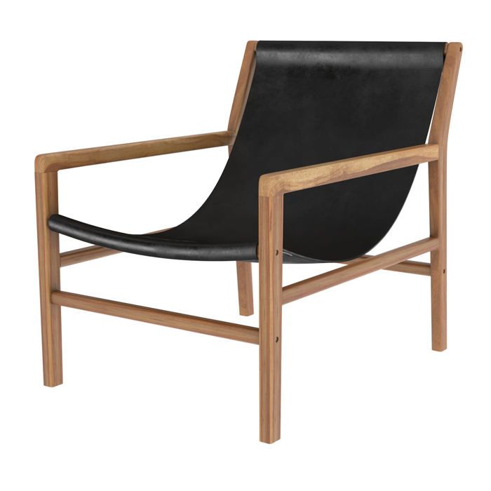 Fauteuil lounge en teck et cuir de vachette noir - Apache - Maison Pavane