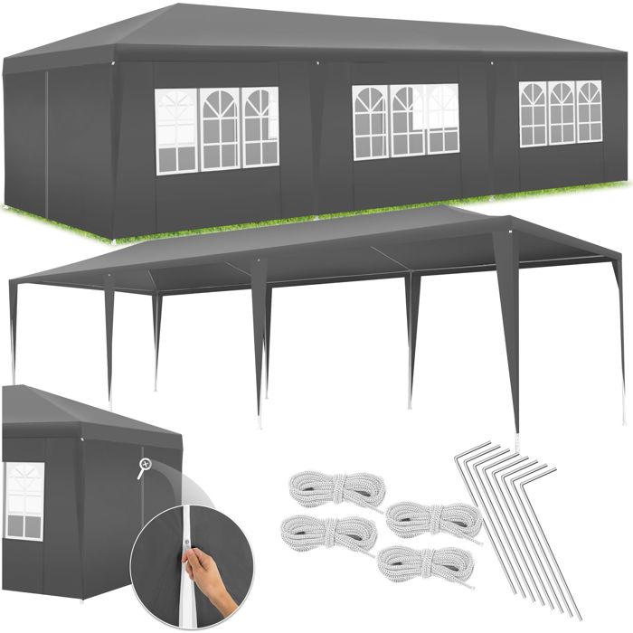 Barnum Elasa 9x3m avec 8 éléments latéraux - gris - TECTAKE - Autoportante - Pliant - A fixer au sol