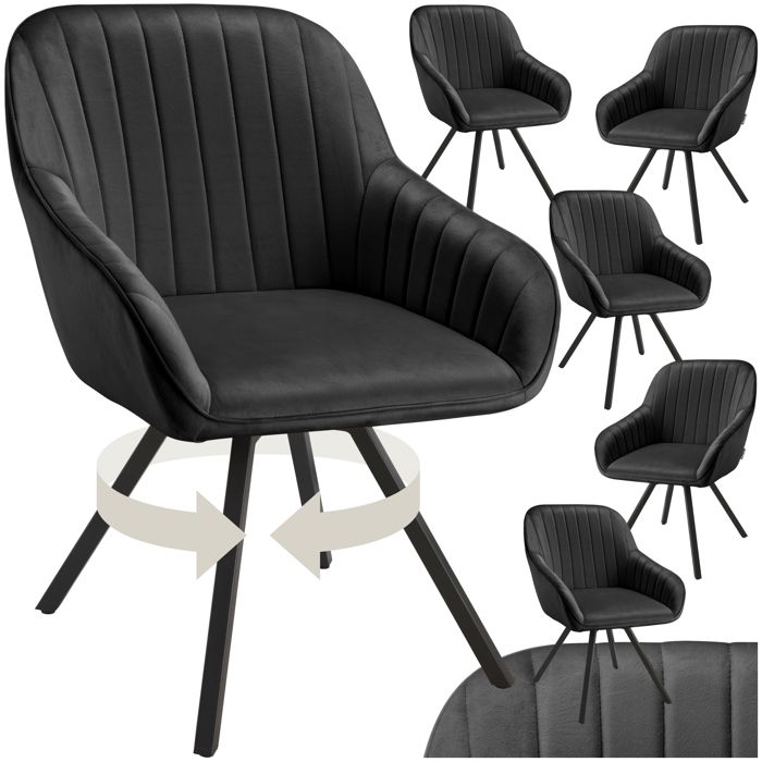 Chaise - TECTAKE - Lot de 6 fauteuils SNUG pivotants avec accoudoirs aspect velours rembourré 58 x 58 x 82 cm - Noir