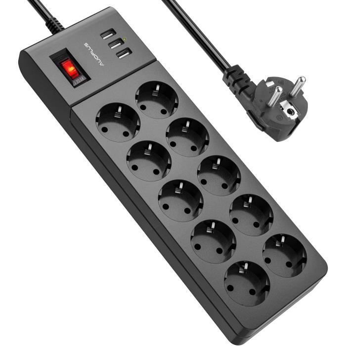 Multiprise 3 Prises + USB 4000W - Rallonge 2m Avec Sécurité Surcharge