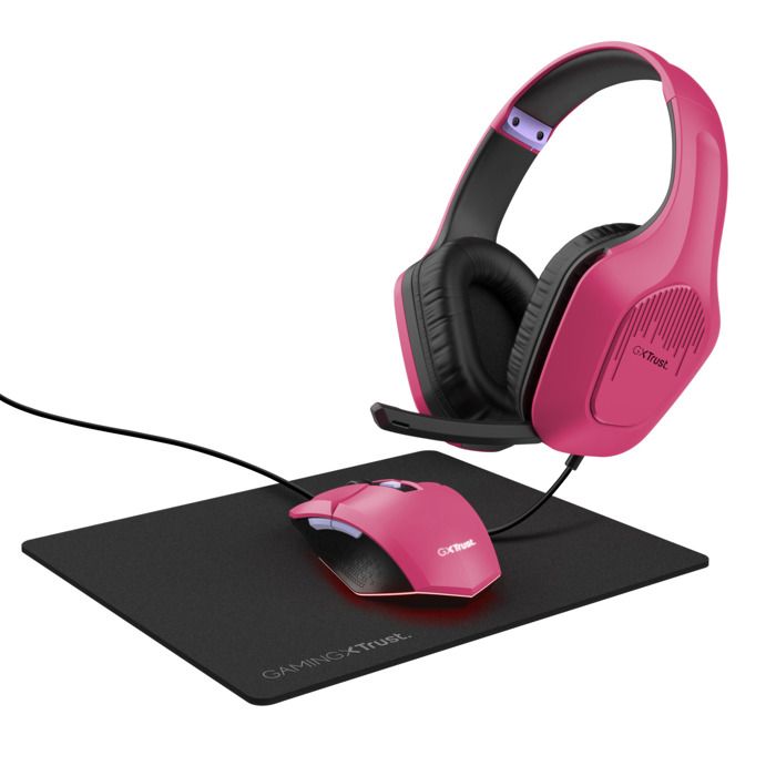 Pack Gaming 3-en-1 - TRUST - Tridox - Casque Léger 50 mm - Souris Filaire 200-6400 DPI - Tapis Rose