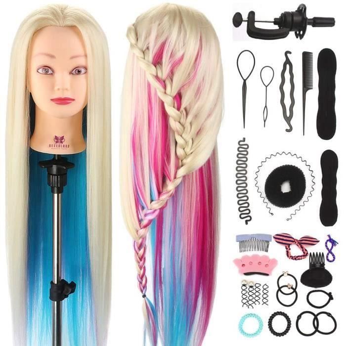 Tête a coiffer professionnelle Cheveux Fibre Synthétique Tête Mannequin Maquillage avec Table