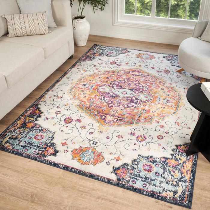 Tapis Vintage Oriental 160x220 cm - LYN3 MED - Couleur : multicolore rouge beige bleu