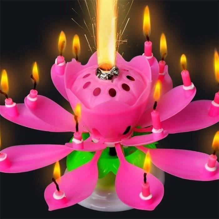 CA01791-Bougie d'Anniversaire Fleur Lotus Rotation Musique