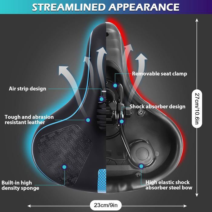 Selle De Vélo Avec Dossier – Extra Large, Mousse à Mémoire De Forme, Ergonomique – Noir, Gris, Marron – Pour Vélo, VAE, Tricycle