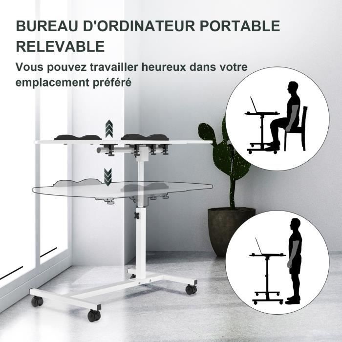 Bureau debout mobile pour ordinateur portable sur roulettes, hauteur réglable, table de chevet à roulettes, chariot d'ordinateur pliable et supports de machine, avec plateau inclinable de 0 à 90
