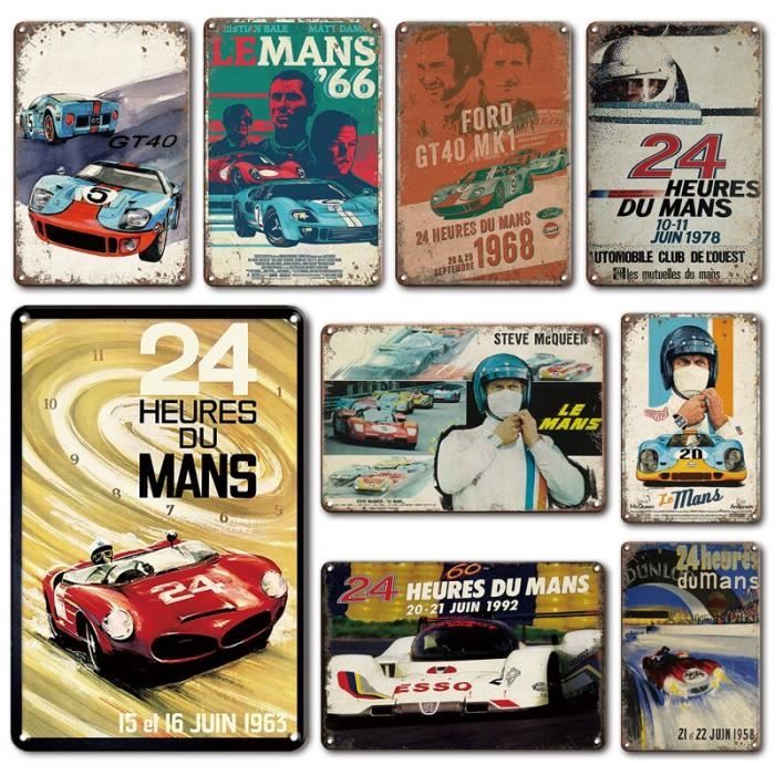 affiche-de-voiture-de-course-en-tain-vintage-24-le-mans-plaque
