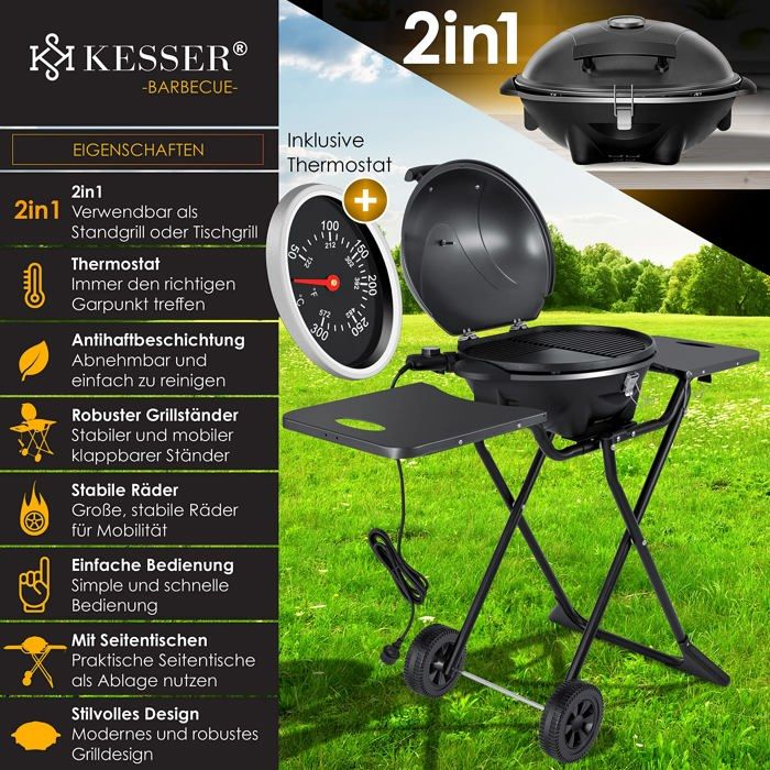KESSER Barbecue Elettrico 2 In 1 2400W – Pieghevole Con Termostato E Rivestimento Antiaderente