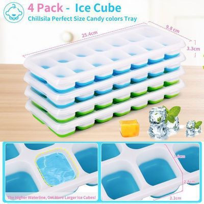 Lot 4 + 14 Bacs à Glaçons Silicone & Couvercle – Sans BPA, Empilables, Pour Café, Baby Food, Lave-Vaisselle