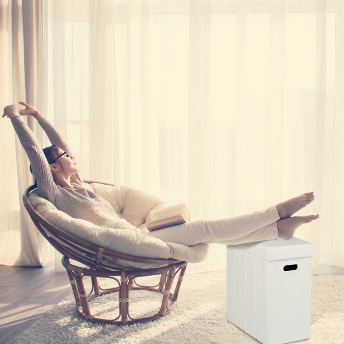 Pouf De Rangement Pliable Relaxdays - Assise Rembourrée - Blanc Similicuir - 49 X 48,5 X 27 Cm - 150 Kg Max