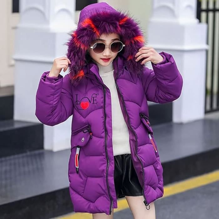 Doudoune Enfant Fille Manteau Rembourre a Capuche Fourrure Veste d Hiver Fille Blouson Epaisse Chaud Coupe Vent Violet