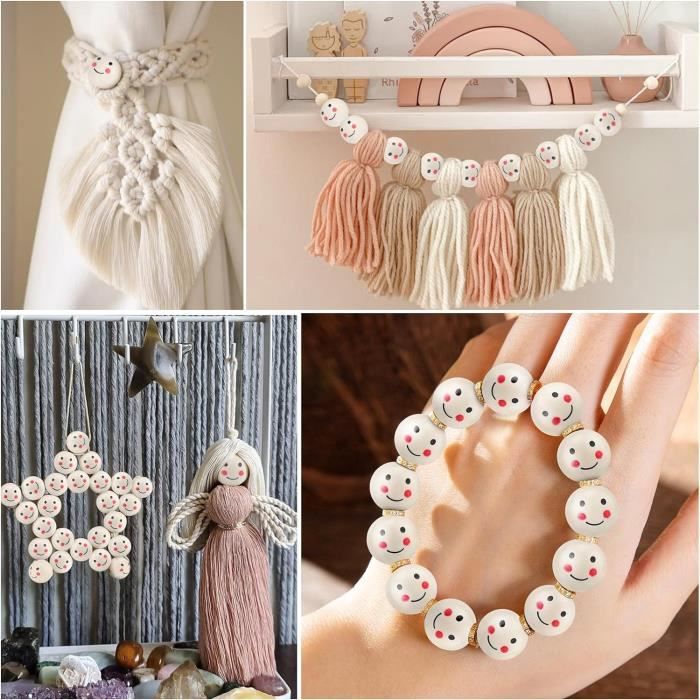 Lot De 200 Perles En Bois Avec Visage | 18mm Diamètre Trou 4mm | 6 Styles Mignons | Pour Bijoux DIY, Macramé, Décoration