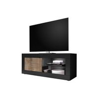Meuble TV - MATERA - 1 porte 2 niches - Noir mat/Bois fumé - Design contemporain