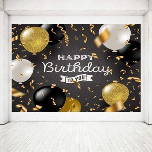 Banni/ère en toile de fond pour anniversaire en tissu noir dor/é avec inscription /« Happy Birthday /»