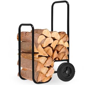 Chariot à bois de chauffage avec roues porte-bûches en bois de chauffage avec 3 outils Porte-bûches de cheminée Porte-outils de cheminée en fer forgé noir 