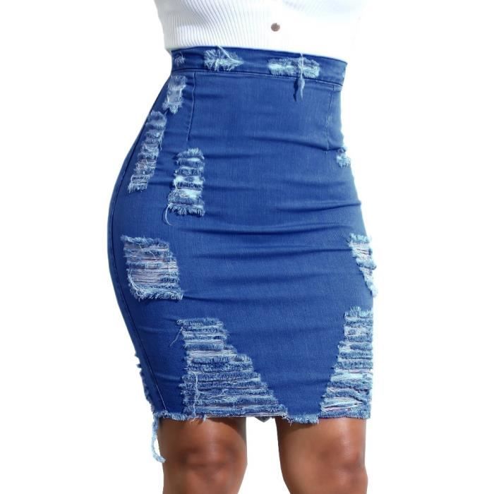 Dames femmes taille haute déchiré en denim en détresse mini jupe en jean  crayon Bleu - Cdiscount Prêt-à-Porter
