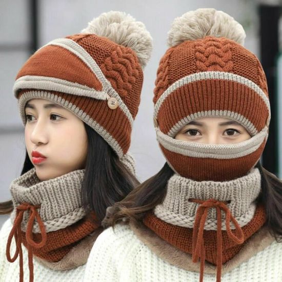 Casquette,Bonnet d'hiver tricoté pour femme, masque facial épais coupe-vent  chaud pour l'extérieur, - Type Marron-Hat and scarf set - Cdiscount  Prêt-à-Porter