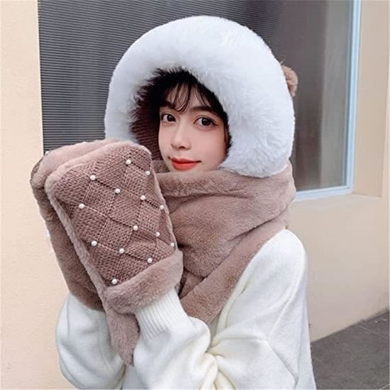 Femmes Chapeau à capuche d'hiver Cou Gants plus chauds Peluche Épais Chaud  Foulard à capuche avec poches pour l'hiver en plein air