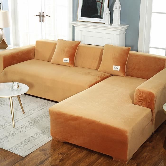 Housse de canapé en forme de L en peluche épaisse de couleur unie, sac universel simple tout-en-un élastique antidérapant - Orange