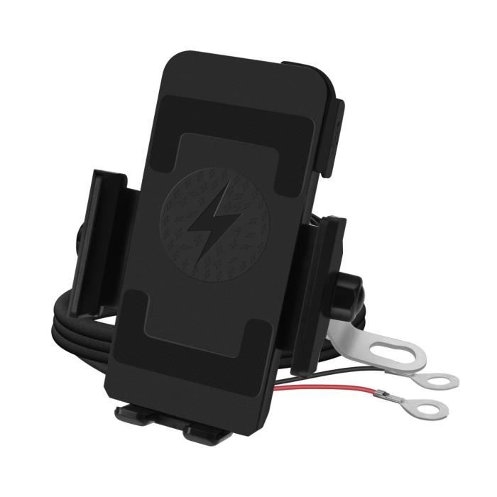 Support Moto Smartphone chargeur sans-fil 10W Guidon ou Rétroviseur Noir