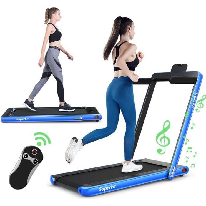 COSTWAY Tapis de Course/Marche Electrique Pliable Contrôlé par APP Bluetooth 12 Km/H avec Ecran LED Haut-parleur Moteur 0,75HP Bleu