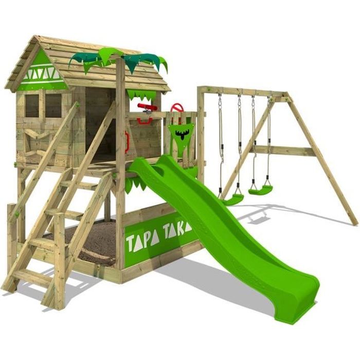 FATMOOSE Aire de jeux TapaTaka Tribe Portique bois avec balançoire et toboggan vert pomme Maison enfant extérieure avec bac à sable