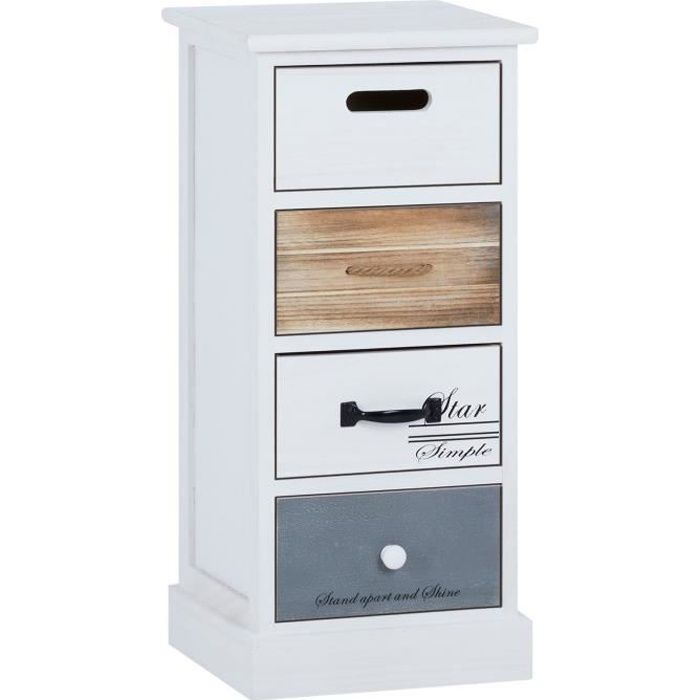 Chiffonnier DANIA étagère de rangement 4 tiroirs en bois de paulownia blanc brun gris, style shabby chic vintage maison de campagne