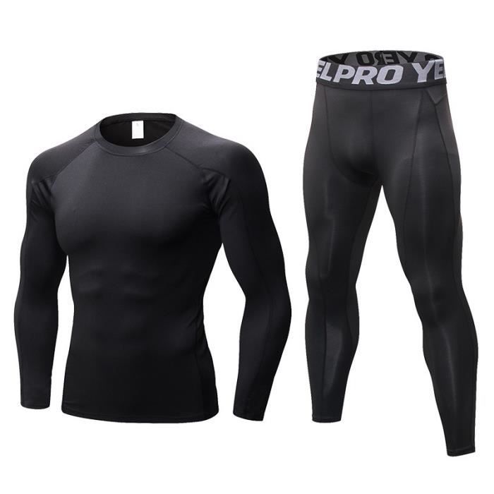 Ensemble de Sport Homme T-shirt de Compression et Collant Fitness Stretch Séchage Rapide