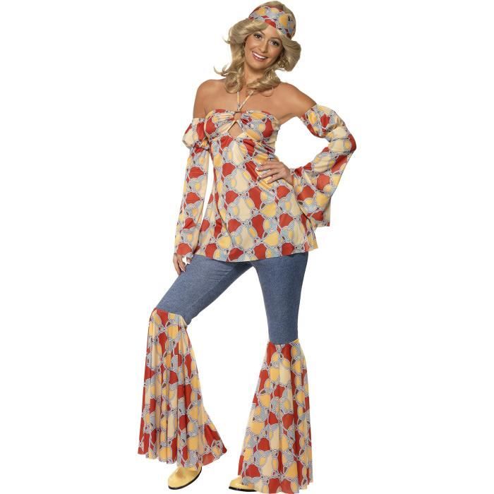 Smiffys Déguisement Femme Hippie Années 70, Haut à Dos Nu, Manches, Pantalon à Pattes D'éléphant Et Bandeau, 70 Disco, Serious Fun,