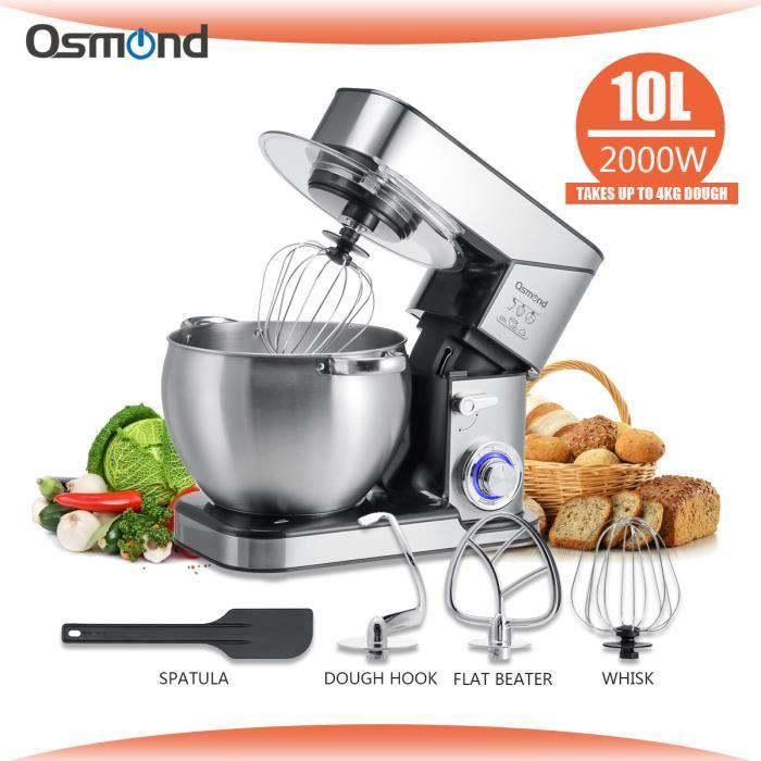 Robot Pâtissier Multifonction 2000W 10L Bol en Acier Inox 6+P Vitesses Moteur en Cuivre Pur Cuisine Batteur Crochet Fouet Petrin