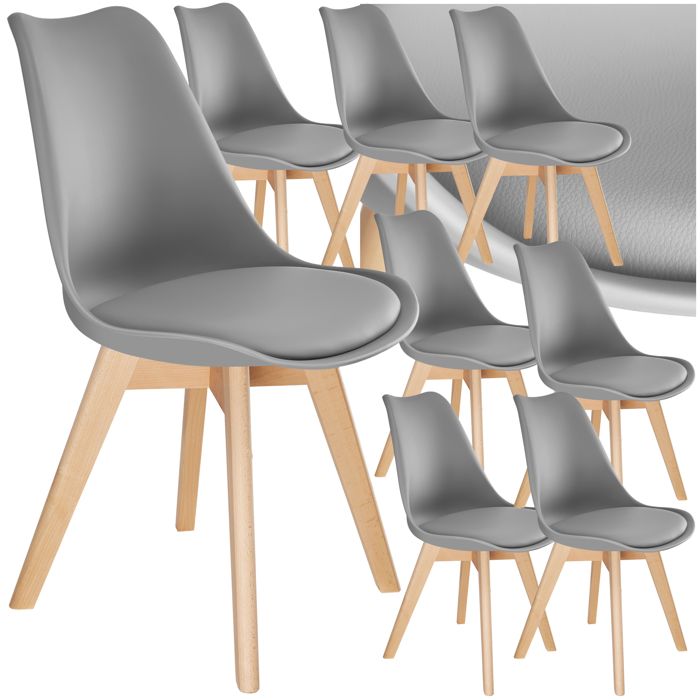 TECTAKE 8 Chaises de Salle à Manger Style Scandinave Pieds en Bois Massif Design Moderne Gris