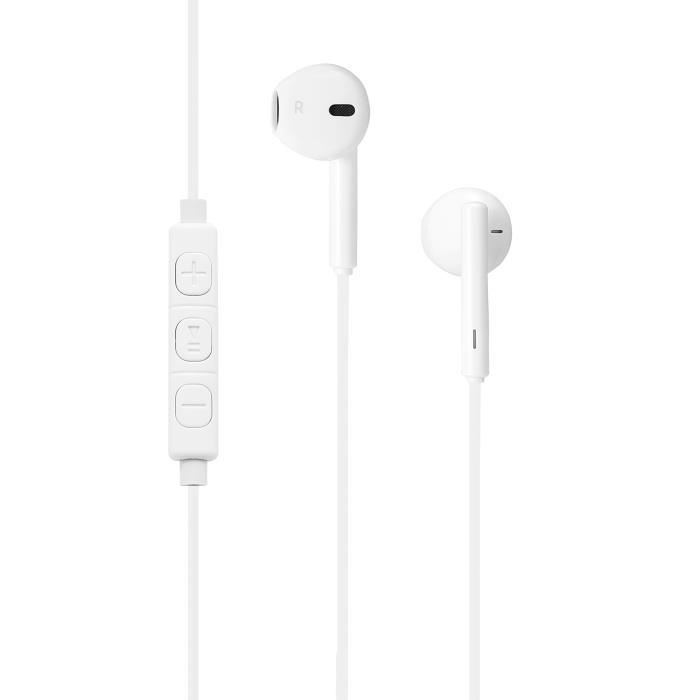 Ecouteurs de la marque WE avec connecteur Lightning de couleur blanche. Câble 1,20 m. Bouton multifonction et microphone intégré