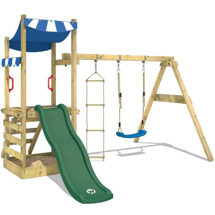 Aire de jeux WICKEY FunFlyer Portique en bois Tour d´escalade avec balançoire, toboggan et bac à sable