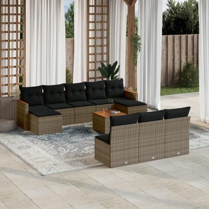 vidaXL Salon de jardin 11 pcs avec coussins gris résine tressée 3258798