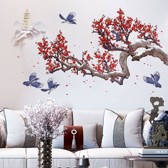 Autocollant Mural Grand Format Cerisier En Fleurs - Motif Aquarelle Rose Avec Oiseaux, Pour Salon, Chambre, Bureau